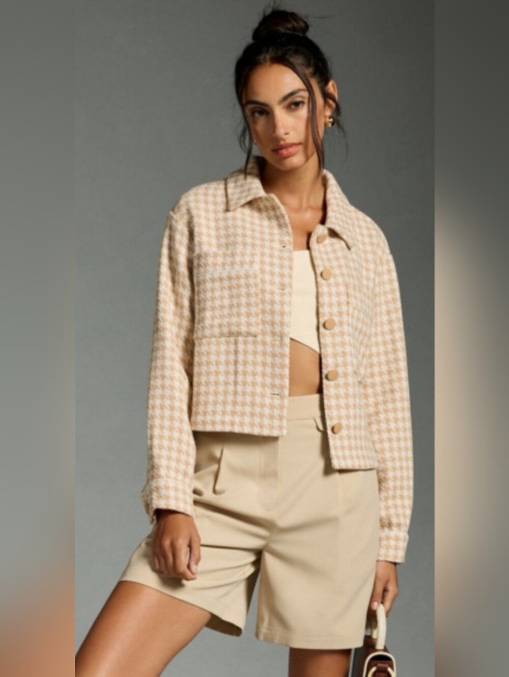 Anthropologie Dolan Houndstooth Button-Front Cropped Jacket- Maize And Cream